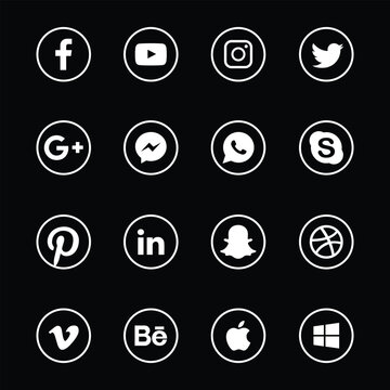 Famous social media icon set black and white, included youtube, facebook, snapchat, twitter, whatsapp and more, vector,