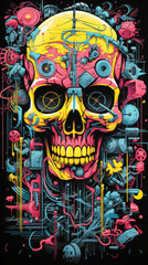Obraz premium Neon Skulls in Silk screened Style Trance Compilation CD of Otherworldly Illustrations in Clock punk and Ghost core Aesthetics