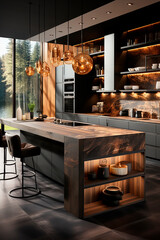 Stylish and luxurious modern kitchen design in dark brown colors. Brutal interior design. 