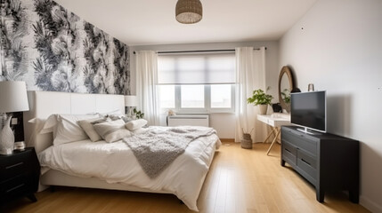 Comfortable bed with white blanket and cushions placed near wall with wallpaper against cabinet with TV in stylish bedroom with window, Generative AI