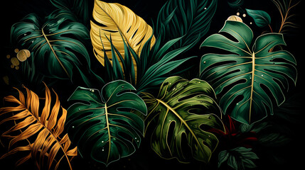 Fototapeta na wymiar Green and gold tropical leaves on dark green background. Generative AI