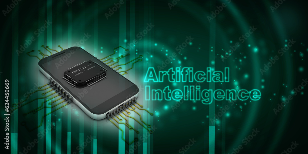 Poster 3d rendering microchips on mobile phone search concept