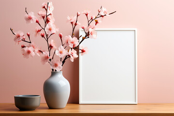Poster mockup with a beauty flowers and wooden frame on pink background. Copy space. Generative AI