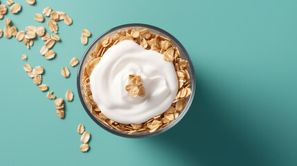 Obraz na płótnie Canvas Top View. Yoghurt served with dried oats on blue background, Generative AI