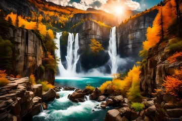 waterfall in the mountains surrounding with flowers AI GENERATED