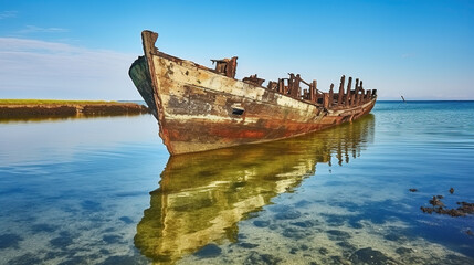 Naklejka premium Ruins of old shipwreck on sea shallow with holes in board, under sky. Generative AI