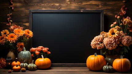 Halloween mockup space with pumpkins, lantern and fallen leaves. Black board with autumn holiday decoration with copy space. Generative AI.