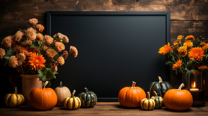 Halloween mockup space with pumpkins, flowers and fallen leaves. Black board with autumn holiday decoration with copy space. 