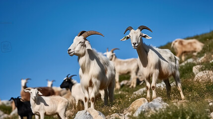 Domestic Mountain Goats Gracefully Graze on Grassy Rocky Hills under a Blue Sky. Generative AI