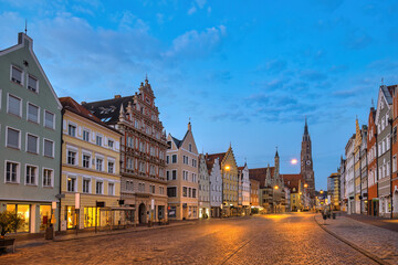 Fototapeta na wymiar Landshut Germany, night city skyline at Old Town Altstadt street and St. Martin's Church