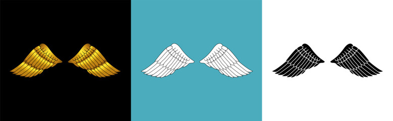 Hand drawn bird or angel wings with different style and color design. Contoured doodle wings vector illustration