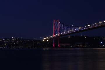 Fototapeta na wymiar Awesome Panoramic view of Istanbul Bosphorus on sunset. Istanbul Bosphorus Bridge (15 July Martyrs Bridge. Turkish: 15 Temmuz Sehitler Koprusu). Beautiful landscape Turkey.