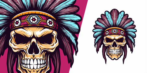 Bold Emblematic Native American Skull: Eye-catching Logo Design for Sports & Esport Branding and T-shirt Prints
