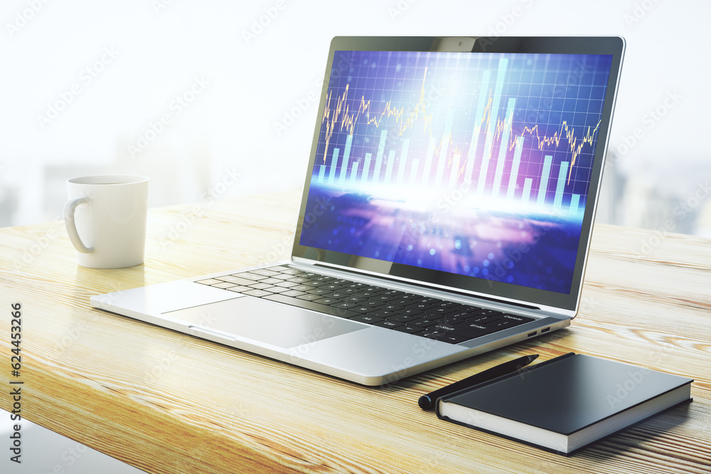 Aufkleber computer monitor with abstract financial graph, finance and trading concept. 3d rendering