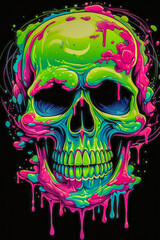 Luminous Enigma Abstract 3D Skull in Neon Colors, Inspired by Memphis Design