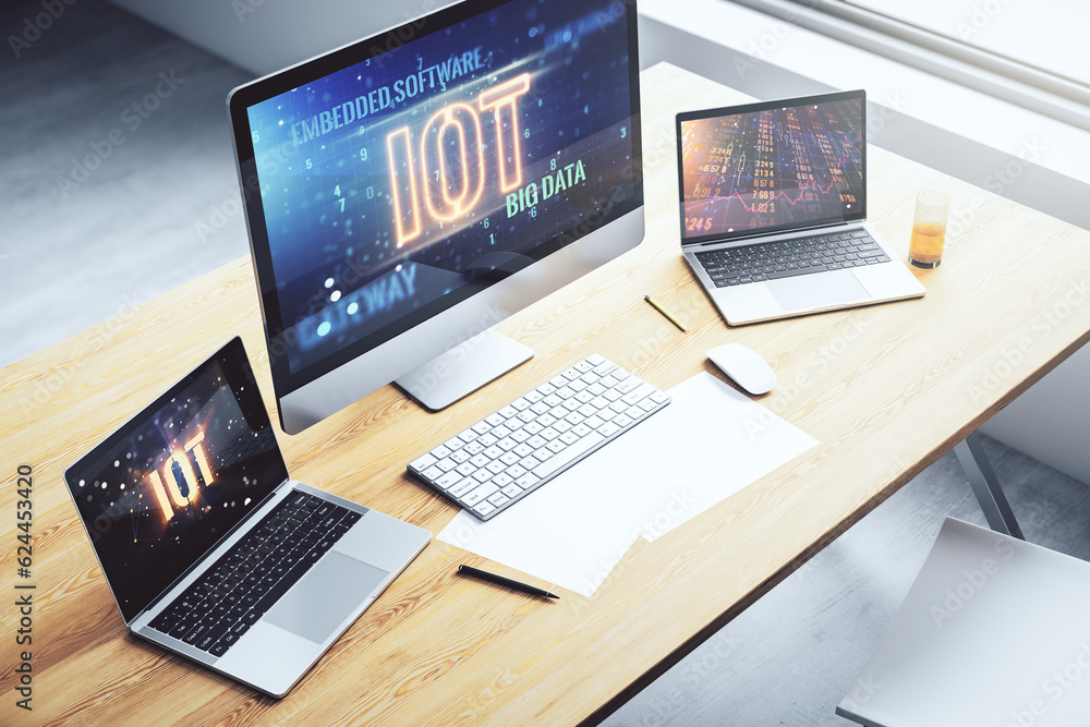 Poster Creative IOT hologram on modern laptop monitor, internet of things concept. 3D Rendering