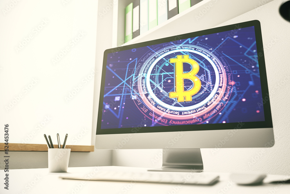 Aufkleber modern computer monitor with creative bitcoin symbol. cryptocurrency concept. 3d rendering
