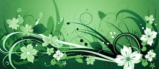 Abstract green floral vector design with swirls and leaves.