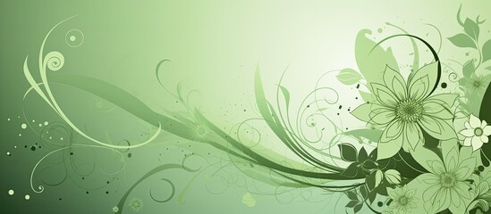 Abstract green floral design with swirls and leaves on a gradient background.