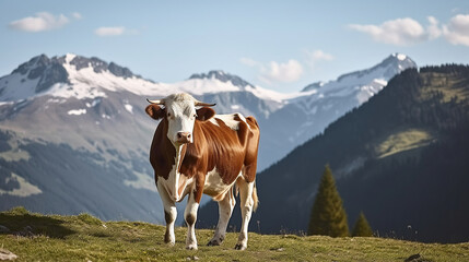 Fototapeta na wymiar A Cow Amidst the High Alpine Meadow, Framed by Snowy Peaks. Generative AI