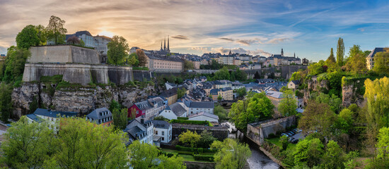 Grand Duchy of Luxembourg, sunset city skyline at Grund along Alzette river in the historical old town of Luxembourg - 624453474