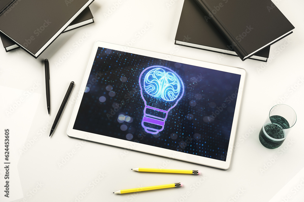 Fototapete creative light bulb with human brain hologram on modern digital tablet display, artificial intellige