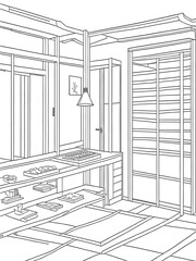Traditional room of a Japanese house. a coloring book page on transparent background. Generative AI