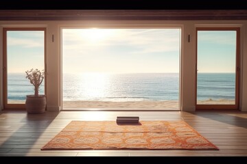 A yoga mat in front of a large window overlooking the ocean. AI Generative