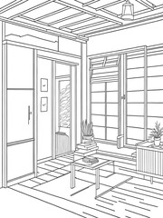 Traditional room of a Japanese house. a coloring book page on transparent background. Generative AI