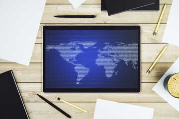 Top view of modern digital tablet display with abstract graphic world map, big data and networking concept. 3D Rendering