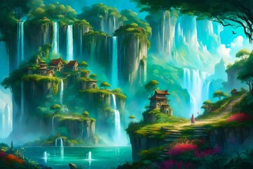 waterfall in the forest in front of mountains AI GENERATED