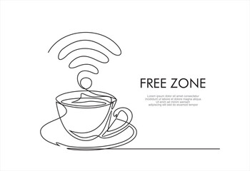 Free Zone. Free WI-FI. One continuous single line of cup of coffee decorated with wi-fi symbol isolated on white background.