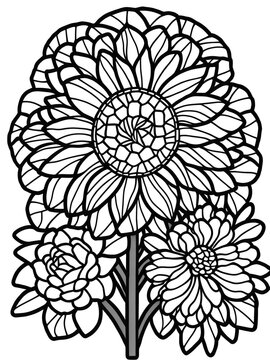 Mosaic of stained glass effect of different flowers fills frame coloring book page. Generative AI