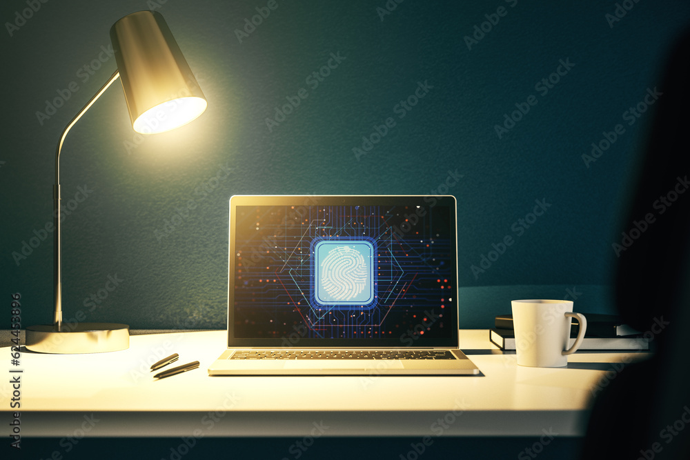Poster abstract creative fingerprint illustration on modern laptop monitor, digital access concept. 3d rend