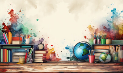 Watercolor greeting card concept with school supplies.