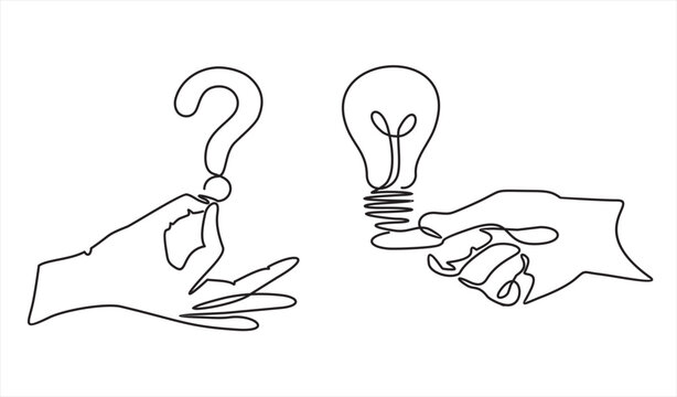 continuous single one line drawing of question and answer, solving problem or business solution, FAQ concept.