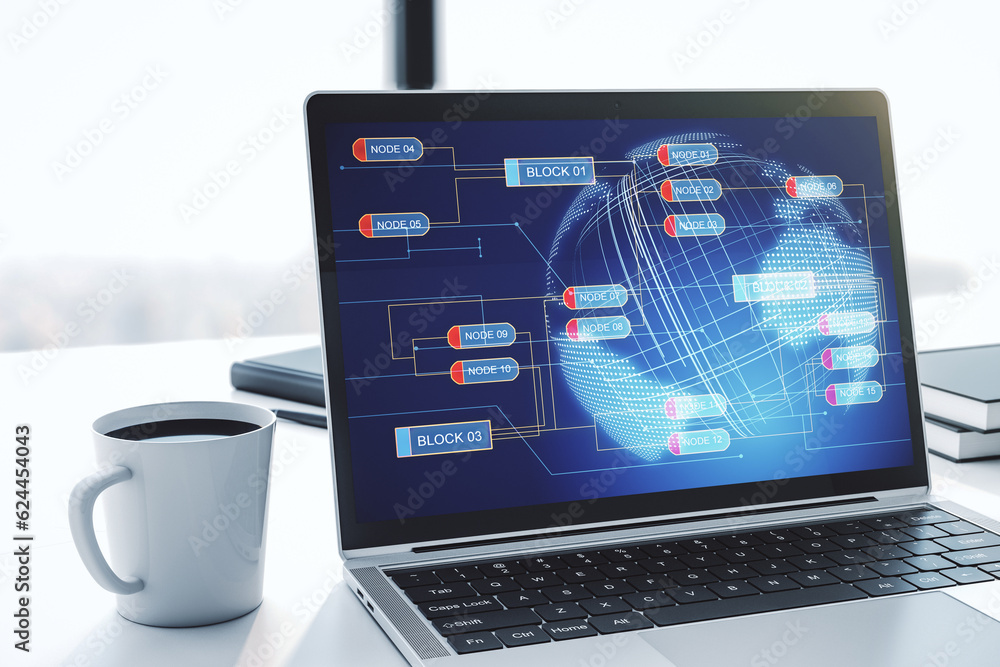 Leinwandbilder modern computer screen with abstract graphic coding sketch and world map, big data and networking co