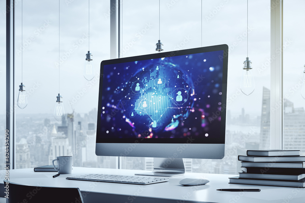 Poster social network concept with world map on modern laptop screen. 3d rendering