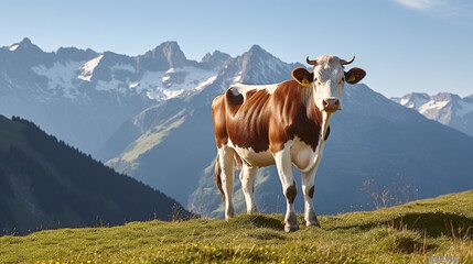 Fototapeta na wymiar Serene Beauty, A Cow Grazing in the Alpine Meadows, Surrounded by Snow-Capped Mountains. Generative AI