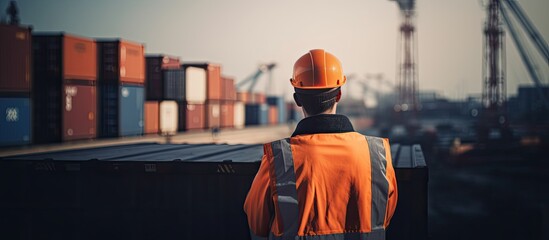 A dock worker in an orange vest and helmet oversees shipping containers.