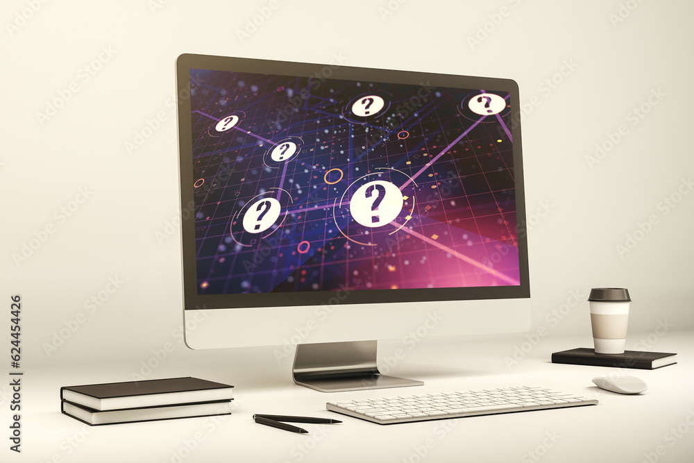 Aufkleber creative abstract question mark sketch on modern laptop monitor, faq and research concept. 3d render