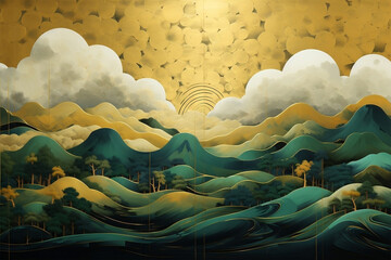 Springtime green hills in the manner of an old Japanese painting. painting with lacquer on gold
