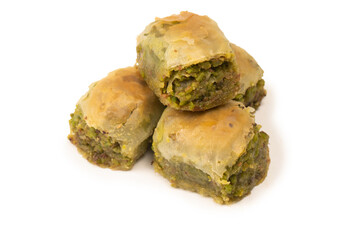 Turkish pistachio baklava isolated on white background.