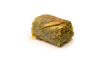 Turkish pistachio baklava isolated on white background.
