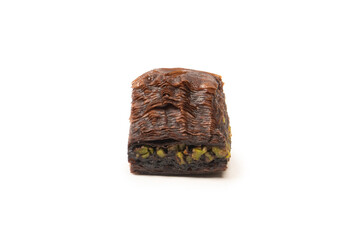 Turkish chocolate baklava isolated on white background.