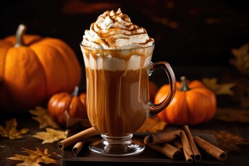 Autumn pumpkin latte with whipped cream , AI Generative