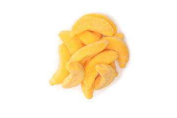 Juicy colorful jelly banana sweets isolated on white.