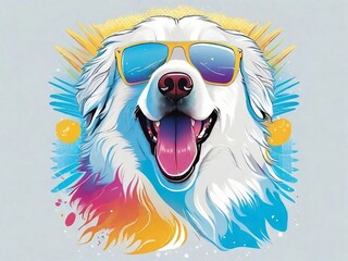 Graphic tshirt vector of a cute happy Great Great Pyrenees dog, wearing sunglasses, detailed...