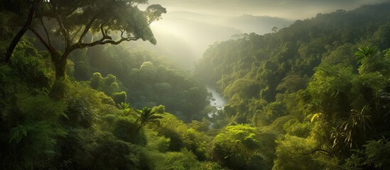 Majestic aerial view of a river snaking through a dense rainforest.