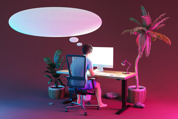 man sitting at pc office workplace in tropical island; isolated  infinite background; workload stress burnout concept; 3D Illustration